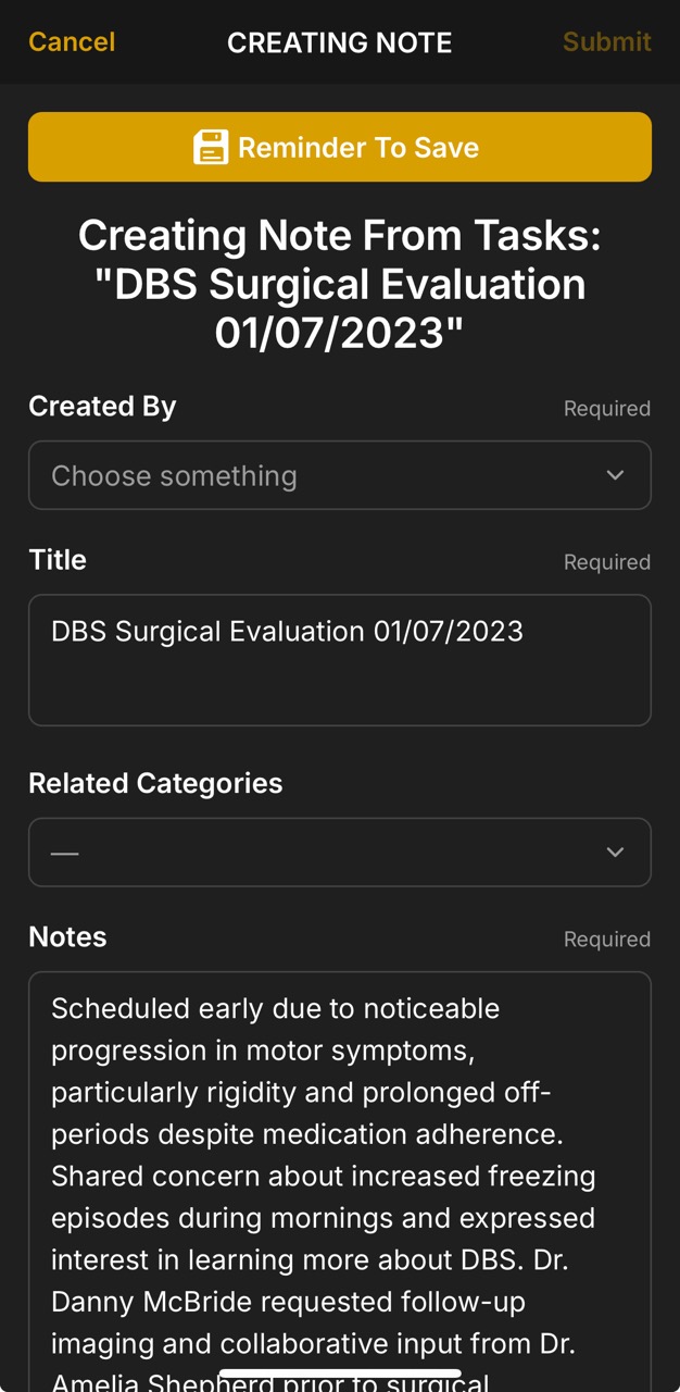 Tasks Detail Page (DBS Surgical Eval, Create Note)
